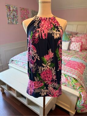 Lilly Pulitzer Navy Floral Halter Top with Pink Trim
